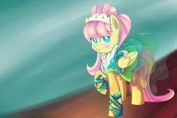 Size: 1024x682 | Tagged: safe, artist:dusthiel, fluttershy, pegasus, pony, g4, green isn't your color, blushing, clothes, dress, female, folded wings, mare, modelshy, raised hoof, solo, wings