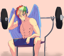 Size: 1024x896 | Tagged: safe, artist:marima15, rainbow dash, human, g4, clothes, freckles, humanized, male, rainbow blitz, rule 63, solo, topless, winged humanization