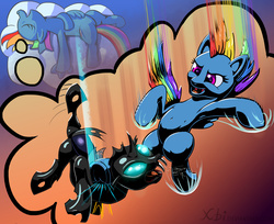 Size: 1920x1567 | Tagged: safe, artist:xbi, rainbow dash, changeling, pony, g4, action pose, armpits, fangs, fight, open mouth