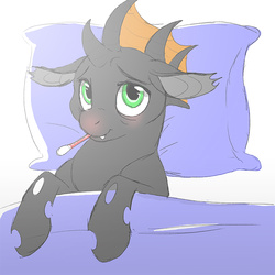 Size: 750x750 | Tagged: safe, artist:prettypinkpony, oc, oc only, oc:vesairus, changeling, backwards thermometer, bed, blushing, cuteling, floppy ears, male, red nosed, sick, solo, thermometer, tired