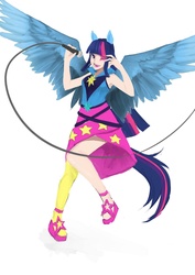 Size: 1448x2048 | Tagged: safe, artist:saggitary, twilight sparkle, human, equestria girls, g4, my little pony equestria girls: rainbow rocks, blue hair, blue tail, clothes, eared humanization, female, humanized, light skin, long hair, microphone, multicolored hair, multicolored tail, pink hair, pink tail, purple hair, purple tail, simple background, skirt, solo, tail, white background, winged humanization, wings, wink