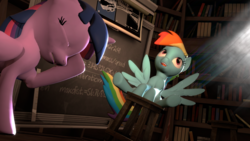 Size: 1920x1080 | Tagged: safe, artist:herpderpington11, rainbow dash, twilight sparkle, alicorn, pony, g4, 3d, :p, book, bookshelf, chalkboard, eyes closed, facehoof, female, gmod, gritted teeth, mare, open mouth, smiling, spread wings, stool, stooldash, tongue out, twilight sparkle (alicorn), underhoof, wallpaper