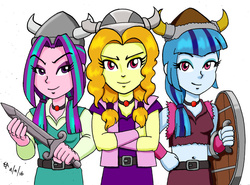Size: 800x591 | Tagged: safe, artist:mayorlight, adagio dazzle, aria blaze, sonata dusk, equestria girls, g4, my little pony equestria girls: rainbow rocks, alternate hairstyle, baelog the fierce, belly button, clothes, cosplay, costume, crossed arms, erik the swift, midriff, olaf the stout, parody, shield, sword, the lost vikings, weapon