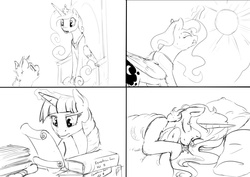 Size: 1280x905 | Tagged: safe, artist:silfoe, princess cadance, princess celestia, princess luna, twilight sparkle, alicorn, pony, royal sketchbook, g4, :p, alicorn tetrarchy, bed, book, eyes closed, female, grayscale, magic, mare, monochrome, scroll, sleeping, smiling, sun work, telekinesis, throne, tongue out, twilight sparkle (alicorn)