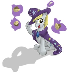 Size: 2262x2349 | Tagged: safe, artist:lurkie-oh, derpy hooves, pegasus, pony, g4, female, food, high res, levitation, magic, mare, muffin, simple background, solo, telekinesis, trixie's cape, trixie's hat, white background