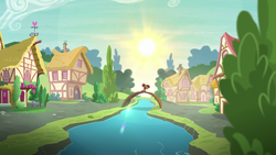 Size: 1920x1080 | Tagged: safe, screencap, apple bloom, earth pony, pony, g4, on your marks, female, filly, lens flare, ponyville, river, sad, scenery, solo, sun