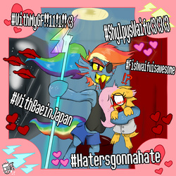 Size: 800x800 | Tagged: safe, artist:sanyo2100, fluttershy, rainbow dash, g4, alphys, armpits, couple, female, flutteralphys, hashtag, lesbian, pun war in the comments, rainbowdyne, ship:flutterdash, shipping, undertale, undyne