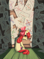 Size: 899x1200 | Tagged: dead source, safe, artist:maggwai, apple bloom, earth pony, pony, g4, on your marks, cutie mark, female, looking back, scene interpretation, sitting, solo, the cmc's cutie marks