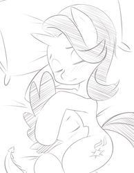 Size: 918x1181 | Tagged: safe, artist:figgot, spike, starlight glimmer, dragon, pony, unicorn, g4, crossed legs, cuddling, cute, duo, eyes closed, female, love, male, mare, monochrome, pillow, ship:sparlight, shipping, sleeping, sleeping together, snuggling, straight