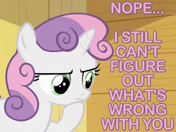 Size: 800x600 | Tagged: safe, screencap, sweetie belle, g4, on your marks, caption, female, hoof on chin, image macro, looking down, meme, raised hoof, reaction image, solo, thinking