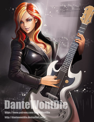 Size: 730x947 | Tagged: dead source, safe, artist:dantewontdie, sunset shimmer, human, equestria girls, g4, breasts, busty sunset shimmer, cleavage, clothes, dress, electric guitar, female, guitar, humanized, jacket, leather jacket, musical instrument, nail polish, rock (music), skirt, smirk, solo, sunset shredder, watermark