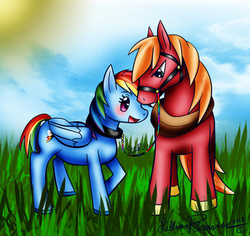 Size: 921x868 | Tagged: safe, artist:sinisterpinkles, big macintosh, rainbow dash, earth pony, pony, g4, male, ship:rainbowmac, shipping, stallion, straight