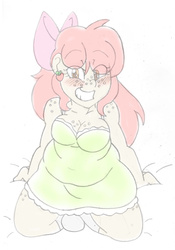 Size: 2006x2869 | Tagged: safe, artist:blackbewhite2k7, apple bloom, human, g4, apple blob, blushing, breasts, busty apple bloom, chubby, clothes, commission, fat, female, freckles, high res, humanized, looking at you, nightgown, older, simple background, sketch, solo, white background, wip