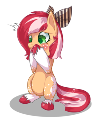 Size: 2300x2900 | Tagged: safe, artist:sitrophe, oc, oc only, oc:candy bacon, bow, hair bow, high res, solo, toothache