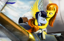 Size: 2540x1634 | Tagged: dead source, safe, artist:discordthege, soarin', spitfire, pegasus, pony, g4, airship, clothes, ear bite, ear piercing, earring, eyepatch, featured image, female, hat, hug, jewelry, male, mare, necklace, nom, piercing, ship, ship:soarinfire, shipping, stallion, steampunk, straight