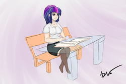 Size: 3000x2000 | Tagged: safe, artist:chapaevv, twilight sparkle, human, g4, clothes, female, high res, humanized, solo, table