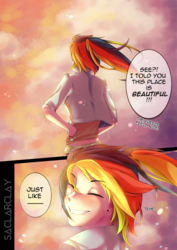 Size: 2480x3507 | Tagged: safe, artist:saclarclay, rainbow dash, human, g4, comic, eyes closed, female, grin, high res, humanized, offscreen character, solo, windswept mane