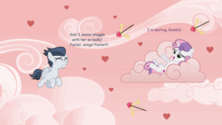 Size: 1100x619 | Tagged: safe, artist:lunaticdawn, rumble, sweetie belle, pegasus, pony, unicorn, g4, cloud, colt, cutie mark, dialogue, female, filly, flying, foal, heart, male, on a cloud, ship:rumbelle, shipping, straight, the cmc's cutie marks