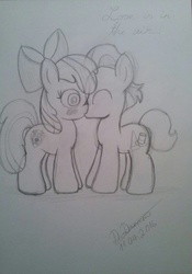 Size: 672x960 | Tagged: safe, artist:daylight-dream, apple bloom, tender taps, g4, blushing, cutie mark, female, filly, foal, kiss on the lips, kissing, male, monochrome, shipping, sketch, straight, tenderbloom, the cmc's cutie marks, traditional art
