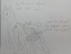 Size: 3961x2987 | Tagged: safe, artist:gabriel-titanfeather, oc, oc only, oc:comet chaser, oc:pale blood, pegasus, pony, duo, high res, monochrome, pencil drawing, traditional art