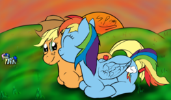 Size: 1024x600 | Tagged: safe, artist:speedpaintthegod, applejack, fluttershy, rainbow dash, oc, oc:speedpaint, g4, female, grass, lesbian, ship:appledash, shipping, smiling, sunset