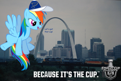 Size: 1000x667 | Tagged: safe, rainbow dash, g4, fake advertisement, female, gateway arch, hockey, ice hockey, nhl, skyline, slogan, solo, st. louis, st. louis blues, stanley cup playoffs, vector