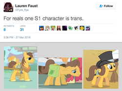 Size: 1219x912 | Tagged: safe, black stone, caramel, chance-a-lot, creme brulee, toffee, g4, apple, food, lauren faust, meta, text, transgender, twitter, word of faust