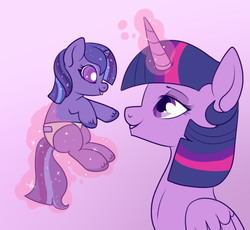 Size: 562x518 | Tagged: safe, artist:lulubell, twilight sparkle, oc, oc:moonlight eve, alicorn, pony, g4, female, filly, foal, levitation, magic, magical lesbian spawn, mare, mother and daughter, next generation, offspring, parent:princess luna, parent:twilight sparkle, parents:twiluna, telekinesis, twilight sparkle (alicorn)