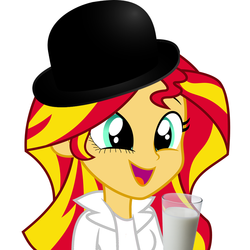 Size: 720x720 | Tagged: safe, sunset shimmer, equestria girls, g4, a clockwork orange, alex delarge, bowler hat, eyelashes, female, food, fridge horror, glass of milk, hat, implied drug use, milk, milk plus, moloko, moloko plus, shimmersmile, solo, the implications are horrible