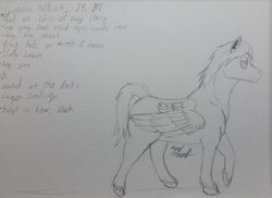 Size: 4082x2978 | Tagged: safe, artist:gabriel-titanfeather, oc, oc only, oc:quintillus halfheart, pegasus, pony, blank flank, earring, male, monochrome, pencil drawing, piercing, solo, stallion, traditional art, walking