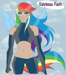 Size: 1745x2000 | Tagged: safe, artist:redrevolution, rainbow dash, human, g4, female, humanized, midriff, solo, tailed humanization, winged humanization