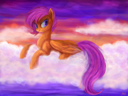 Size: 2202x1648 | Tagged: safe, artist:mn27, scootaloo, pegasus, pony, g4, alternate hairstyle, cloud, evening, female, folded wings, mare, older, older scootaloo, signature, sky, solo, sunset, wings