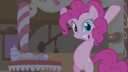 Size: 1920x1080 | Tagged: safe, screencap, pinkie pie, bridle gossip, g4, cupcake, food, looking at you, standing, sugarcube corner