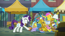 Size: 1334x750 | Tagged: safe, screencap, rarity, bird, caterpillar, crab, penguin, pony, shark, squid, unicorn, g4, the gift of the maud pie, ball, basketball, beach ball, bucket, cheese wheel, crack, discovery family logo, female, flea market, football, grappling hook, lamp, lampshade, manehattan, mare, plushie, rubber duck, scepter, scooter, solo, sports, teddy bear, toy, toy boat, twilight scepter