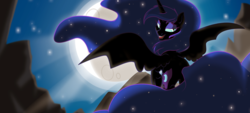 Size: 1538x697 | Tagged: safe, artist:lunarcakez, nightmare moon, g4, bedroom eyes, butt, crepuscular rays, cute, cute little fangs, ethereal hair, ethereal mane, ethereal tail, eyeshadow, fangs, female, flying, looking at you, looking back, makeup, missing accessory, moon, plot, slit pupils, solo, spread wings, starry hair, starry mane, starry tail, tail, wings