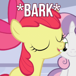 Size: 464x464 | Tagged: safe, edit, screencap, apple bloom, sweetie belle, g4, on your marks, adorabloom, animated, barking, behaving like a dog, cute, female, image macro, meme, text