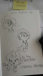 Size: 720x1280 | Tagged: safe, artist:tjpones, oc, oc only, oc:doctor neighhorse, pony, doctor, grayscale, lineart, monochrome, mouth hold, offscreen character, stethoscope, syringe, traditional art
