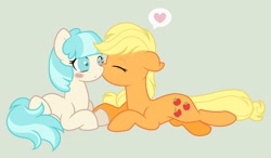 Size: 1170x682 | Tagged: safe, artist:simplybritish, applejack, coco pommel, g4, cheek kiss, cocojack, cute, female, green background, heart, kissing, lesbian, missing accessory, shipping, simple background, speech bubble