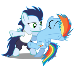Size: 2850x2563 | Tagged: safe, artist:baumkuchenpony, artist:flutterguy317, artist:linormusicbeatpone, artist:qtmarx, edit, rainbow dash, soarin', pegasus, pony, g4, on your marks, backwards cutie mark, bipedal, colt, dancing, duo, female, filly, filly rainbow dash, foal, high res, male, ship:soarindash, shipping, simple background, straight, transparent background, vector, younger