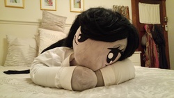 Size: 5312x2988 | Tagged: safe, artist:bigsexyplush, artist:somethingaboutoctavia, octavia melody, anthro, g4, anthro plushie, bed, bedroom eyes, clothes, cute, doll, irl, lying, offscreen character, photo, plushie, pov, resting, shirt, tavibetes, toy
