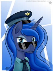 Size: 2000x2693 | Tagged: safe, artist:creativitybox18, princess luna, g4, bust, female, high res, looking at you, police uniform, portrait, smiling, solo, sunglasses