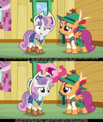 Size: 1280x1515 | Tagged: safe, edit, edited screencap, screencap, apple bloom, pinkie pie, rarity, scootaloo, sweetie belle, g4, on your marks, boots, clothes, cow belle, cowboy boots, cowboy hat, cutie mark crusaders, hat, lederhosen, new season curse, offscreen character, psyga's alternate pony scenes, shoes, stetson, text, yodeloo