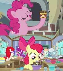 Size: 1920x2160 | Tagged: safe, edit, edited screencap, screencap, apple bloom, diamond tiara, lily longsocks, peach fuzz, pinkie pie, silver spoon, twist, earth pony, pony, g4, on your marks, the lost treasure of griffonstone, baking, baking powder, bowl, comparison, eyes closed, female, filly, foal, mare, mixing bowl