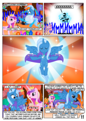 Size: 1240x1754 | Tagged: safe, artist:christhes, princess cadance, trixie, alicorn, pony, g4, alicornified, bipedal, comic, dialogue, female, magic, mare, page number, race swap, speech bubble, spread wings, star mares, transformation, trixiecorn, wings