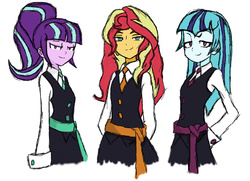 Size: 932x674 | Tagged: safe, artist:angeltorchic, sonata dusk, starlight glimmer, sunset shimmer, equestria girls, g4, canterlot academia, clothes, lidded eyes, little witch academia, looking at you, ponytail, s5 starlight, school uniform, simple background, skirt, smiling, smirk, smug, trio, white background