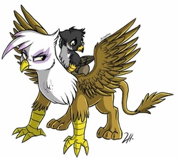 Size: 800x711 | Tagged: safe, artist:shimazun, gilda, oc, oc:phaenon, classical hippogriff, griffon, hippogriff, g4, angry, frown, glare, griffons riding griffons, mama bear, mother and son, offspring, parent:gilda, parent:thunderlane, parents:gildalane, riding, sad, scared, simple background, spread wings, white background