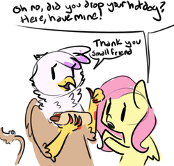 Size: 761x726 | Tagged: safe, artist:nobody, fluttershy, gilda, griffon, pegasus, pony, g4, bait and switch, cute, food, hot dog, ketchup, meat, open mouth, ponies eating meat, sauce, sausage, simple background, smiling, speech bubble, thumbs up, white background