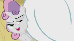 Size: 1920x1080 | Tagged: safe, screencap, bulk biceps, sweetie belle, g4, on your marks, open mouth, out of context, squished, squishy cheeks