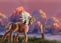 Size: 1582x1114 | Tagged: safe, artist:owlvortex, little strongheart, bison, buffalo, g4, feather, female, grass, headdress, mountain, prairie, scenery, scenery porn, solo