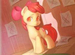 Size: 2007x1479 | Tagged: safe, artist:mrs1989, apple bloom, g4, on your marks, clubhouse, crusaders clubhouse, cutie mark, female, filly, painting, scene interpretation, solo, the cmc's cutie marks